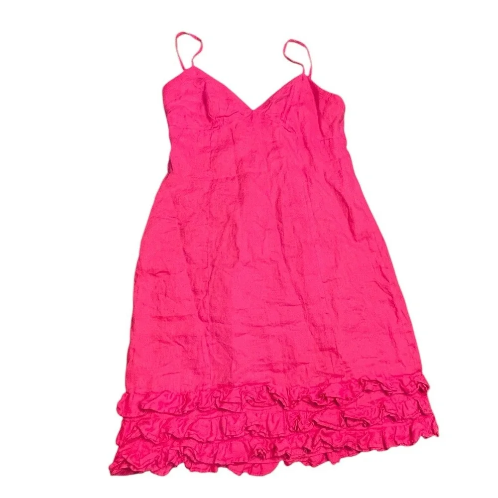 Muse Boston‎ Proper Linen Pink Spaghetti Strap Mini Dress Size 10 Ruffle Cruise